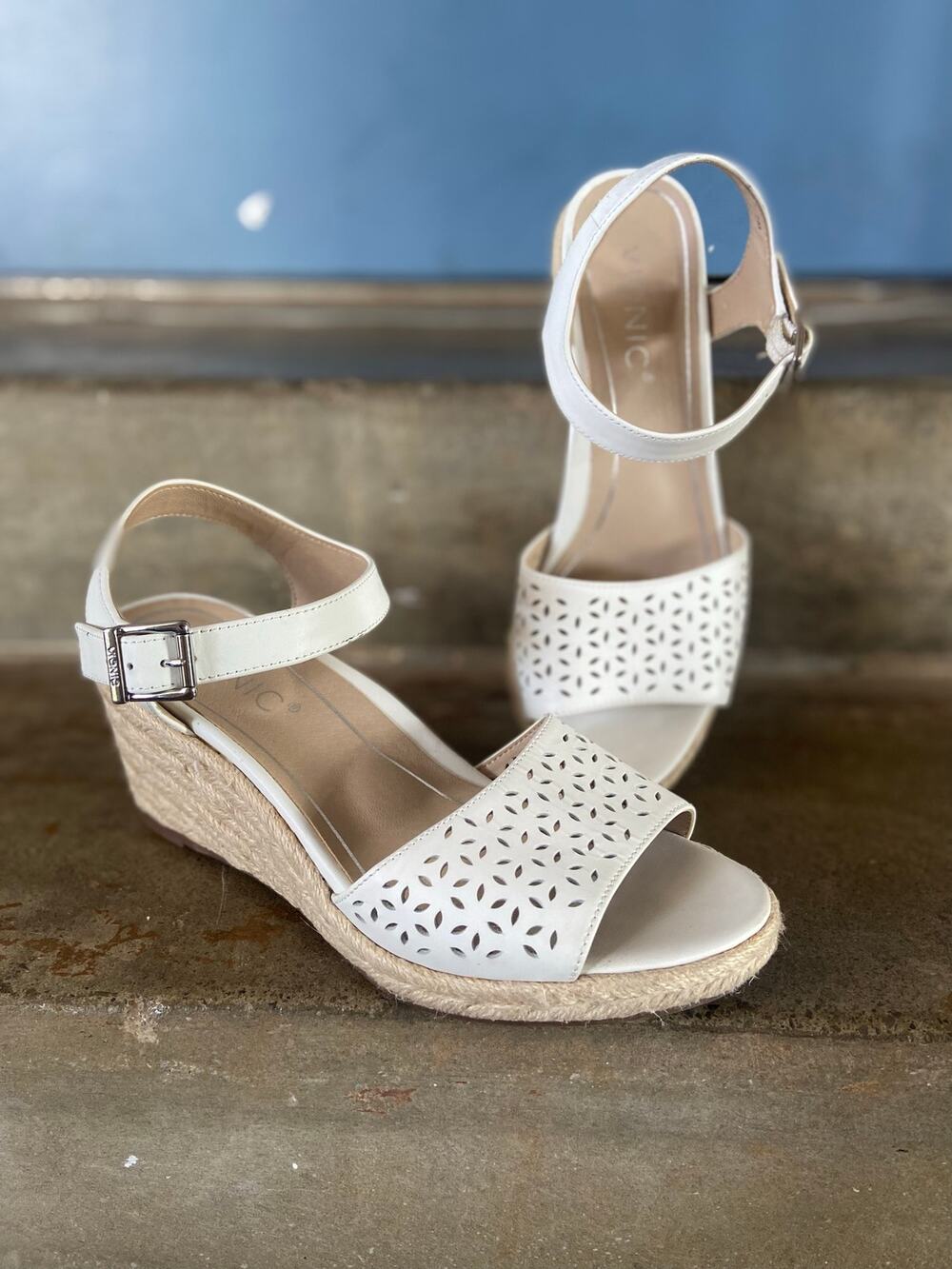 Vionic Ariel white leather wedge sandals with laser cut out on upper